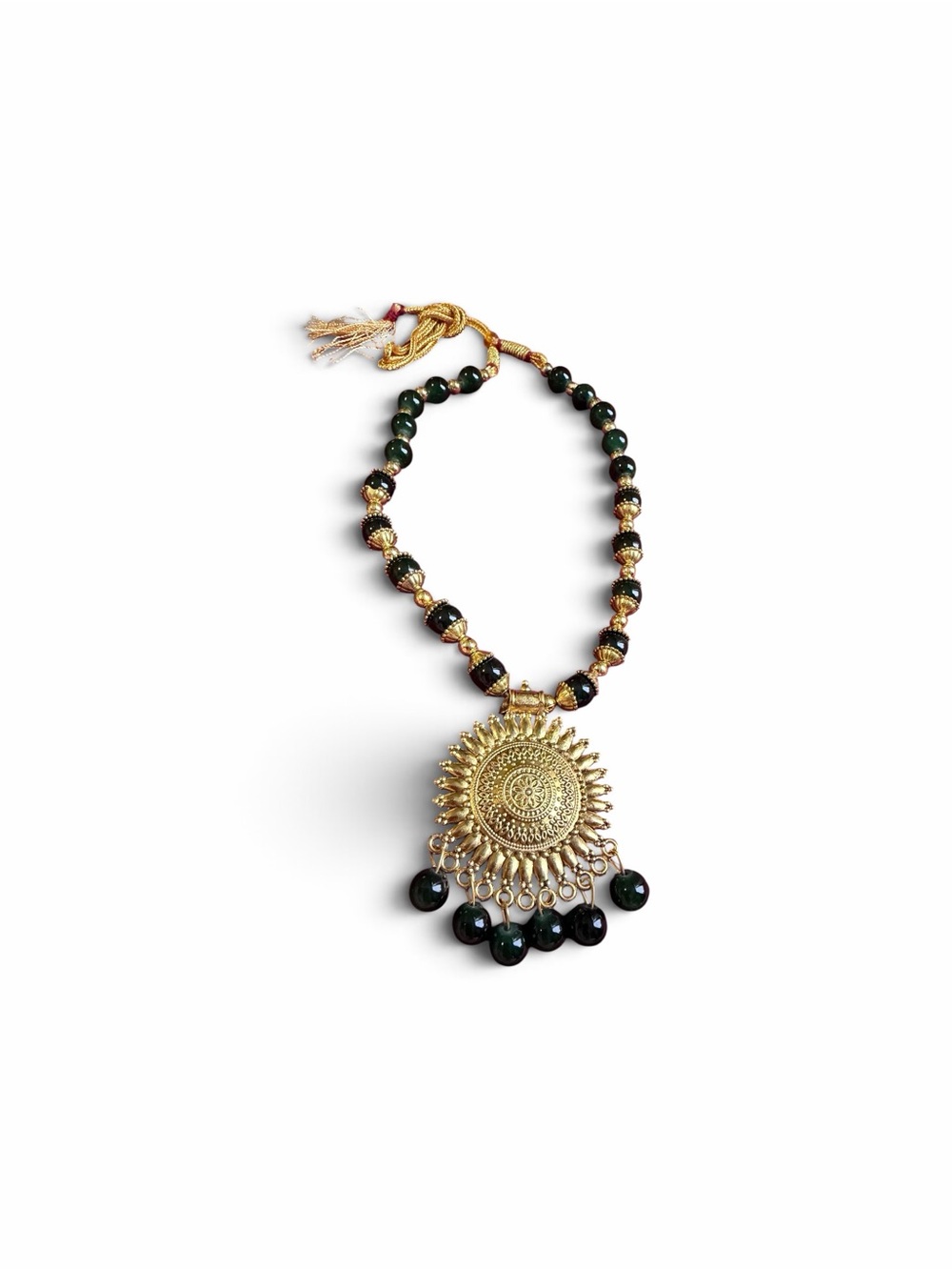 Gold Tone Green Beaded Sunburst Medallion Necklace & Earring Set Indian Jewelry